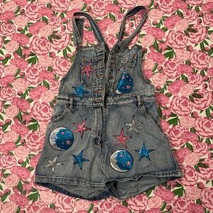 Denim Overalls with Star and Moon Embroidery